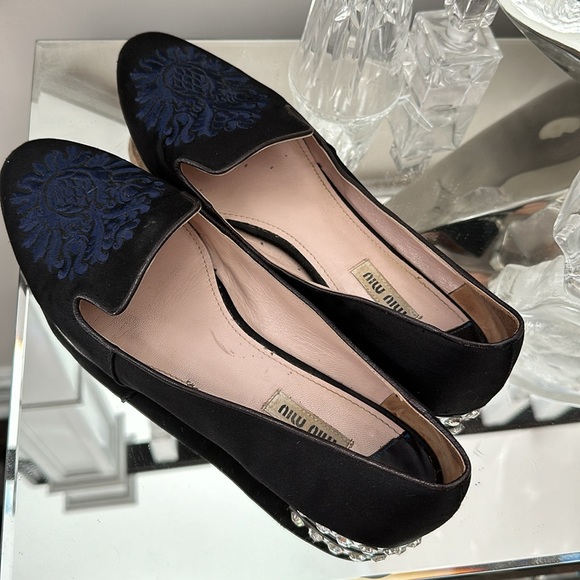 MIU MIU EMBROIDERED SLIP ON RHINESTONE LOAFER - Picture 3 of 4